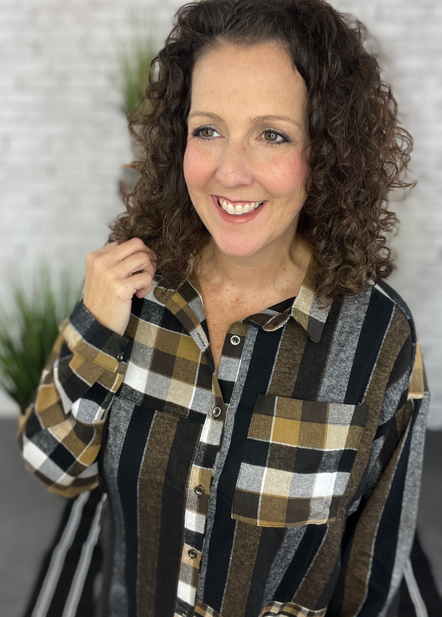 Mixed Brown & Black Plaid Flannel Shirt