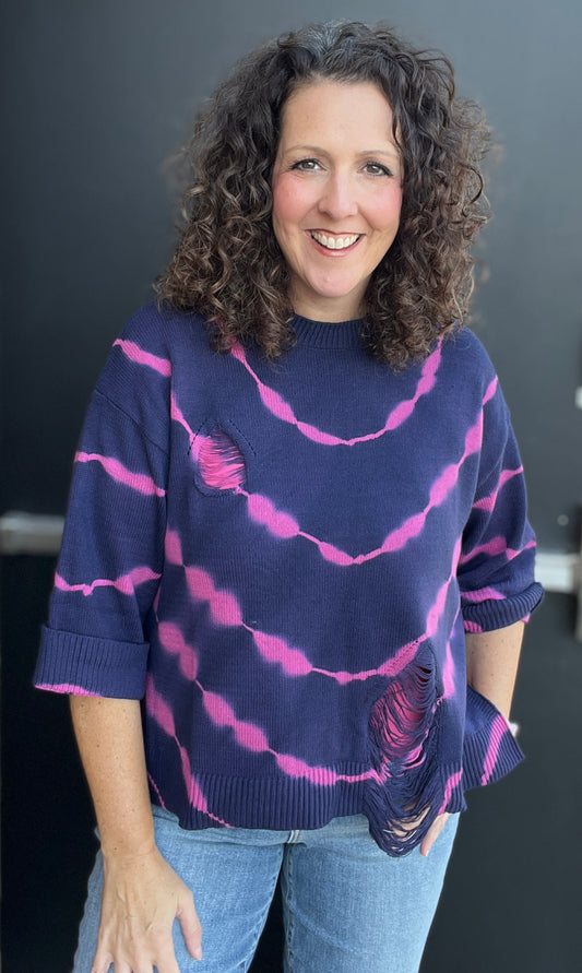 Distressed Navy & Pink Sweater