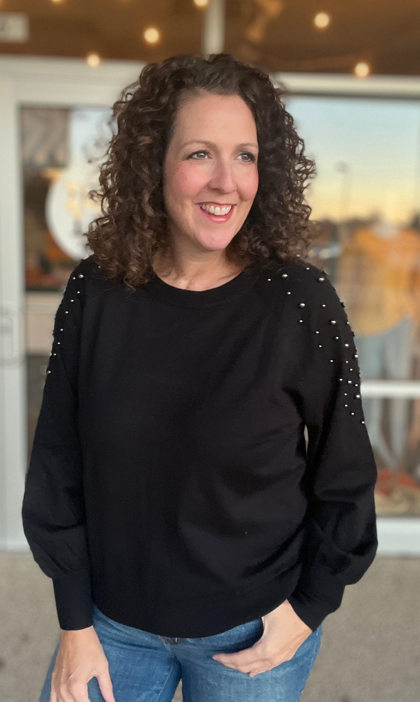 Sweater with Shoulder Pearl Detail