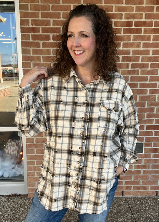 Distressed Neutral Plaid Flannel Shirt