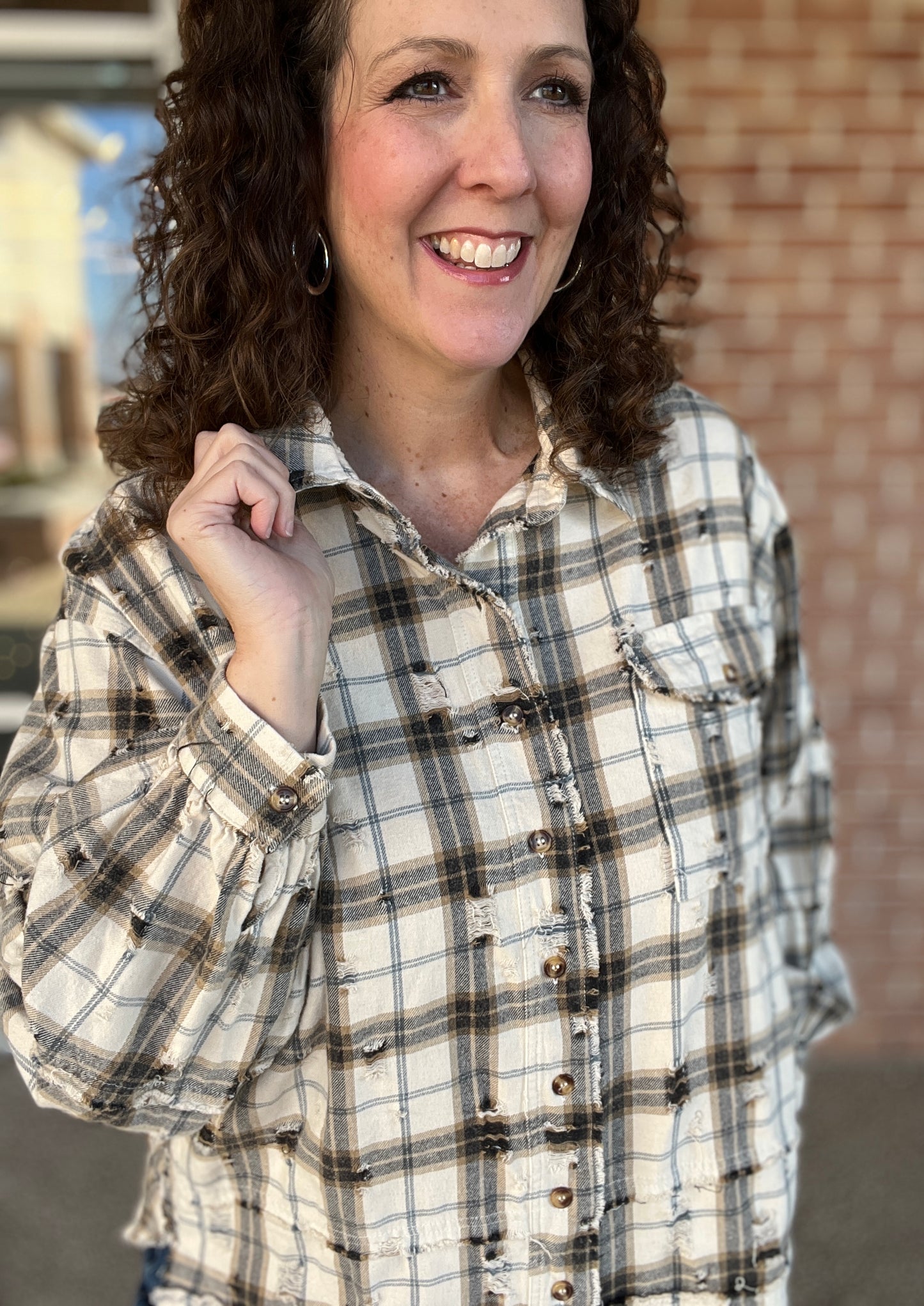 Distressed Neutral Plaid Flannel Shirt