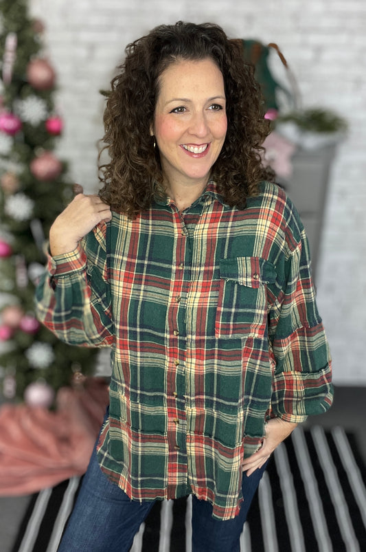 Pieced Plaid Oversized Button Down