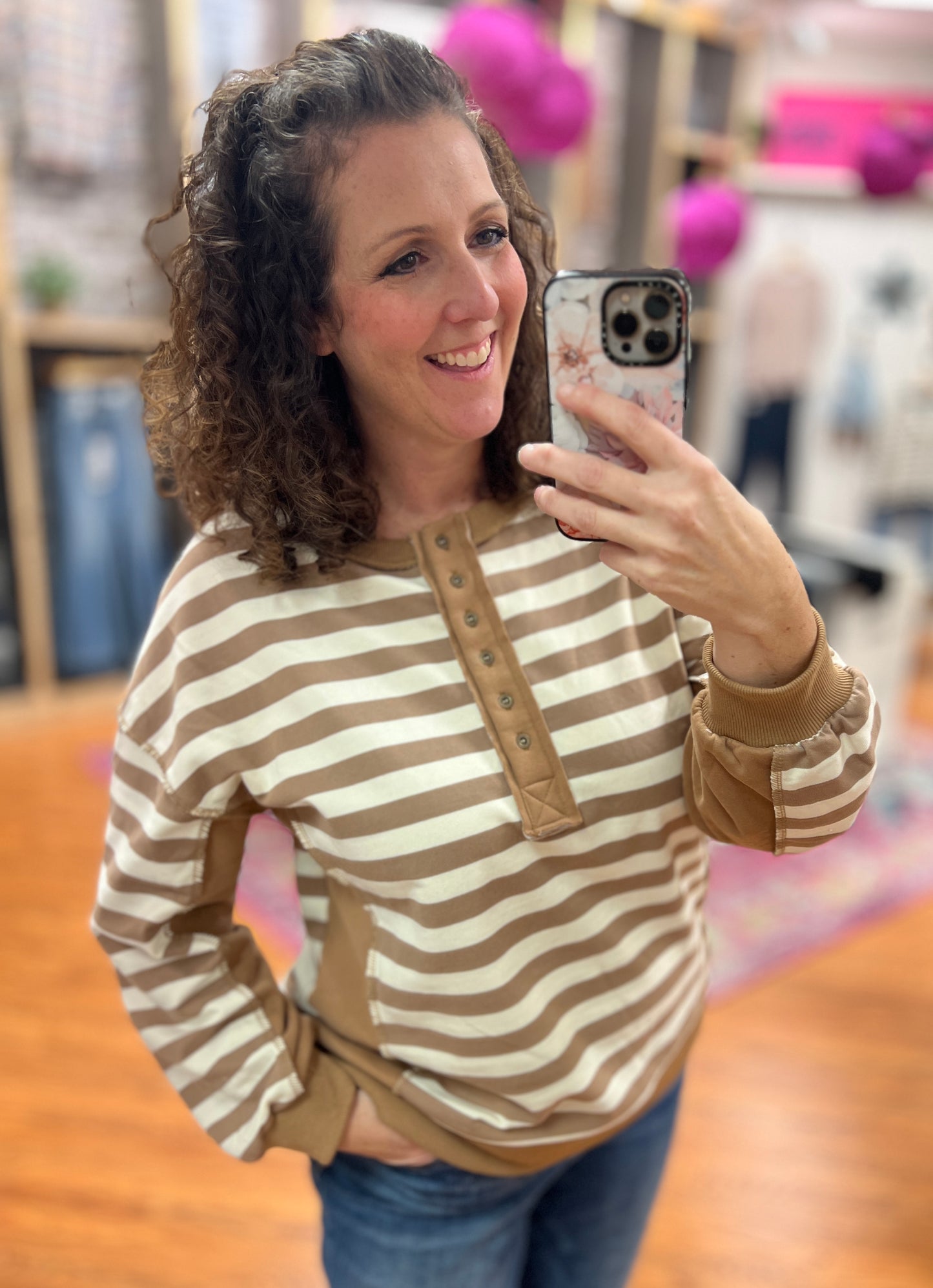 Half Button Striped Knit Pullover