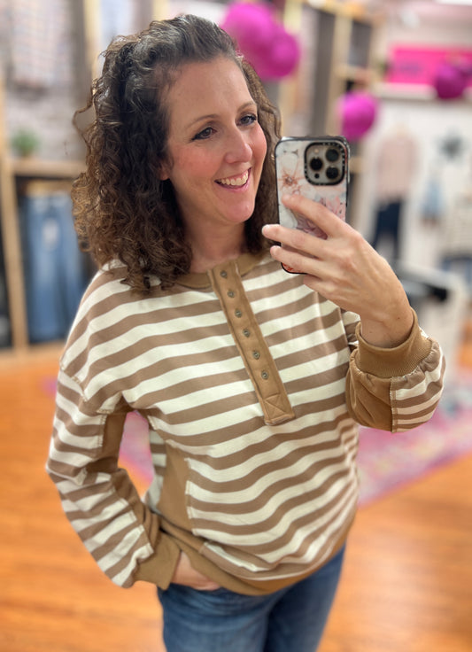 Half Button Striped Knit Pullover