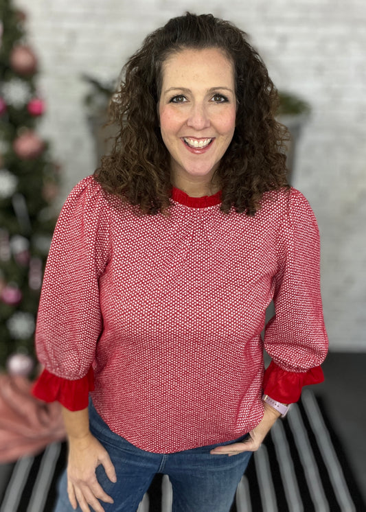 Textured Sparkle Knit Top with Ruffle Details