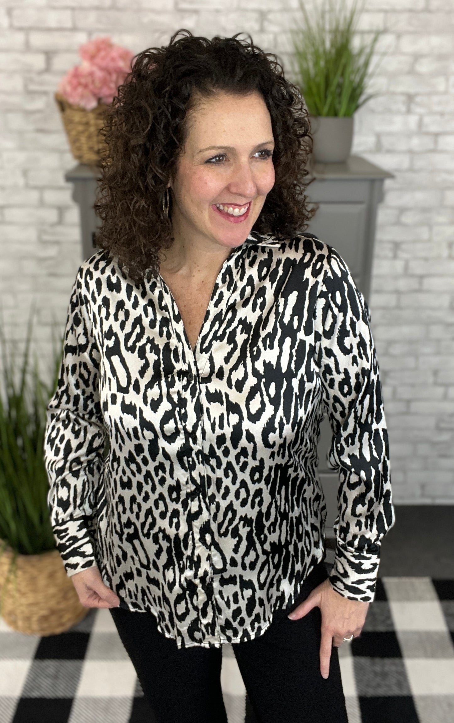 Satin Button Down Animal Print Top