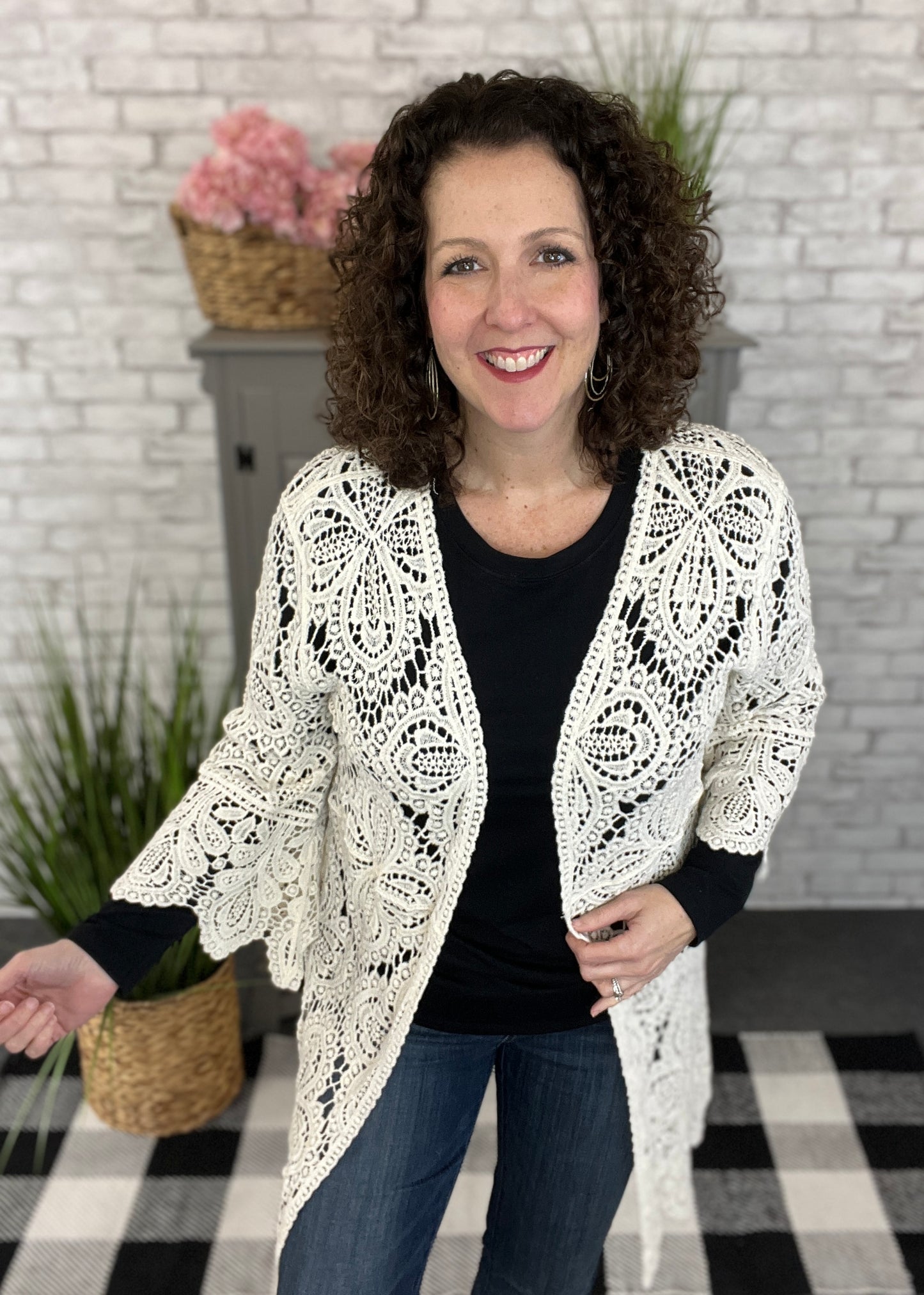 Crocheted Lace Bell Sleeve Cardigan