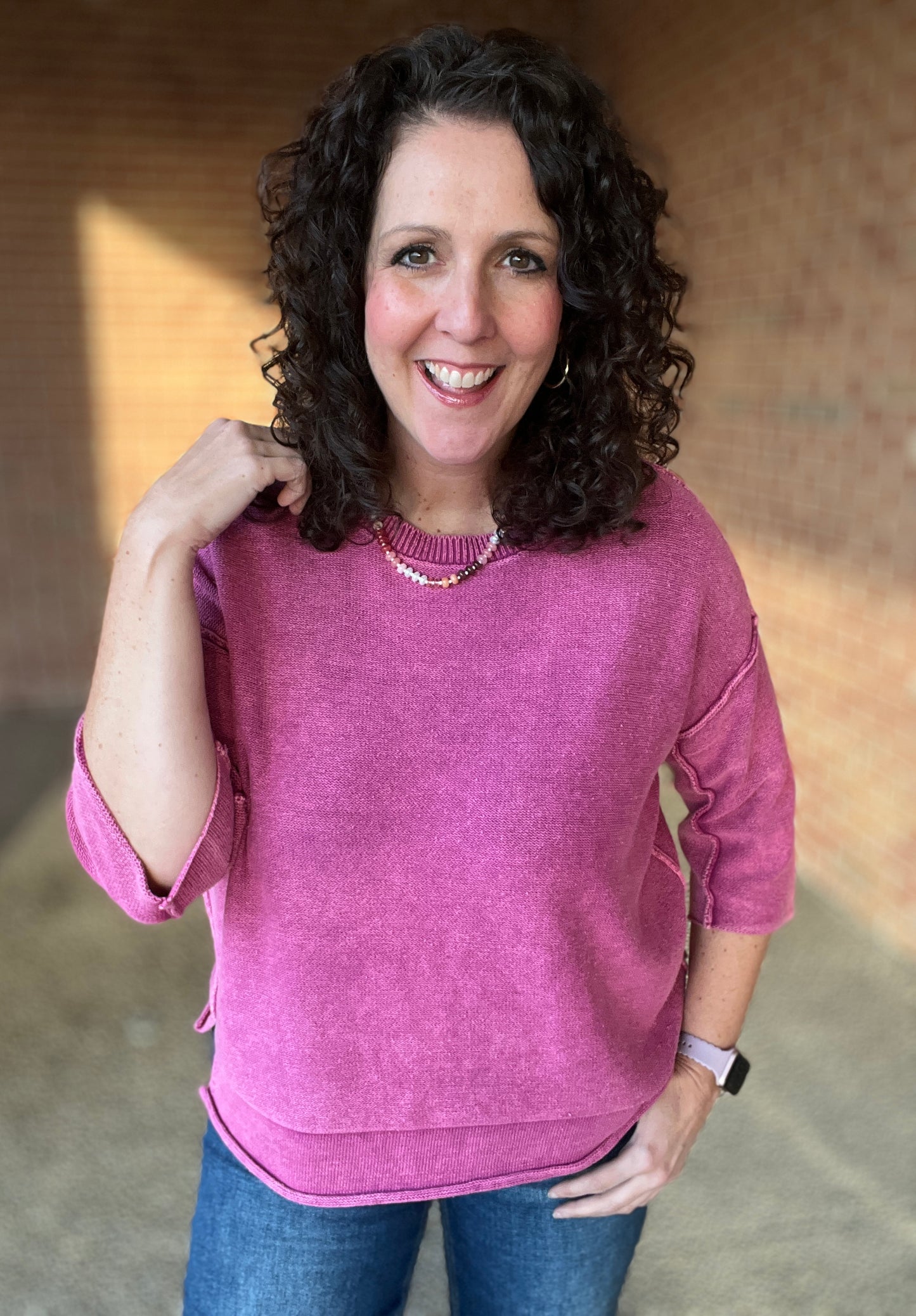 Washed 3/4 Sleeve Boxy Sweater