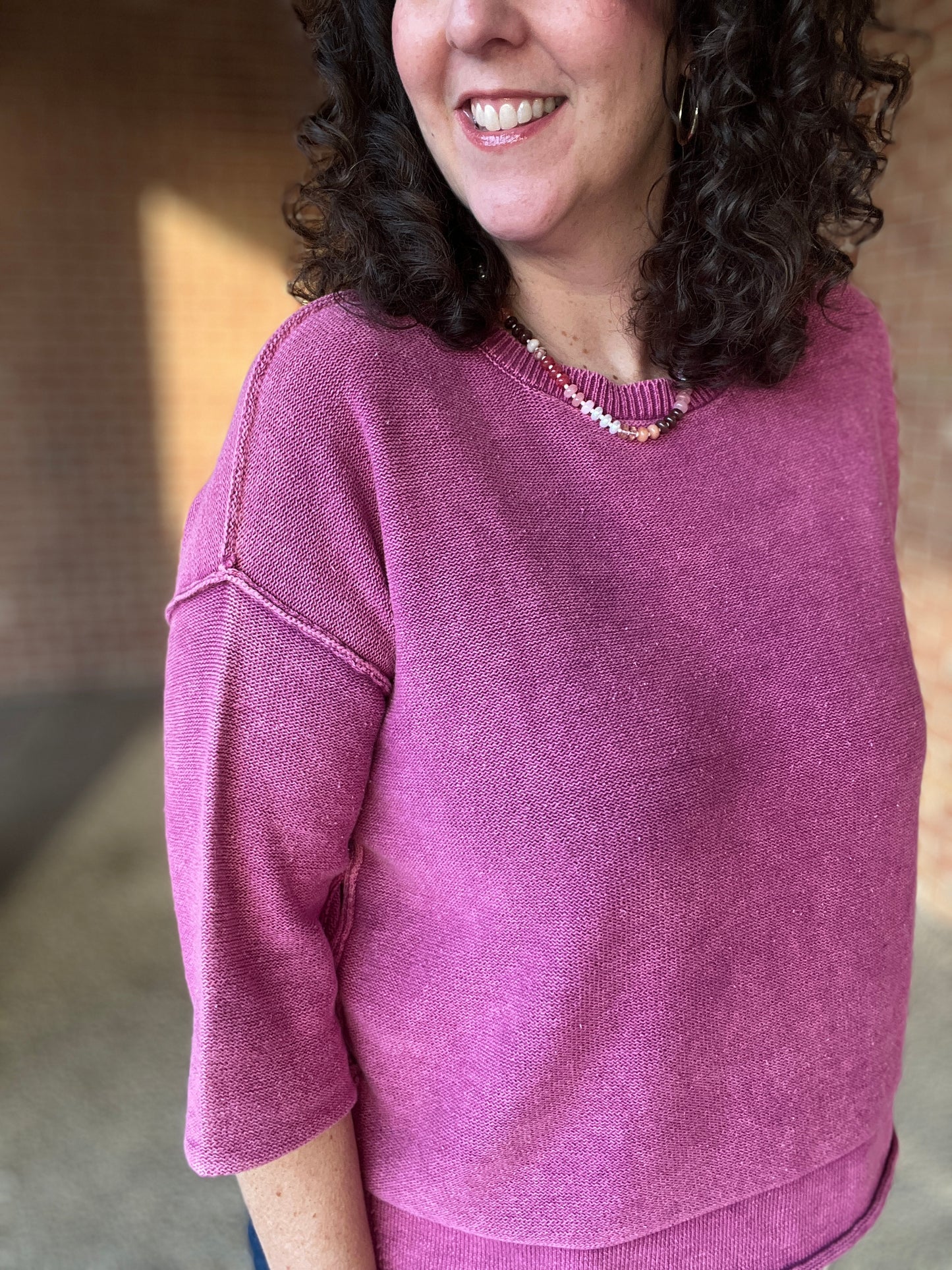 Washed 3/4 Sleeve Boxy Sweater