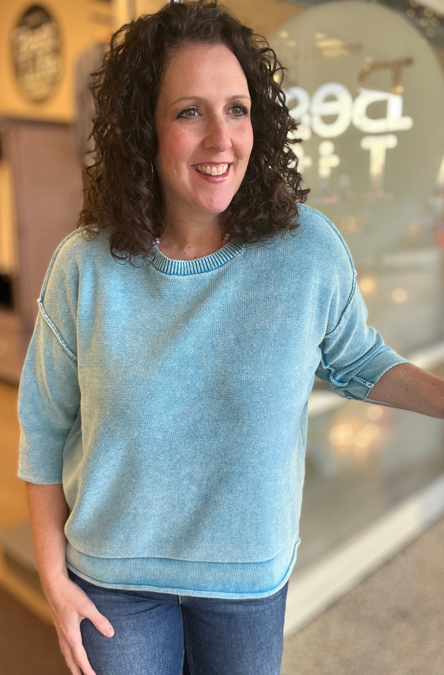 Washed 3/4 Sleeve Boxy Sweater