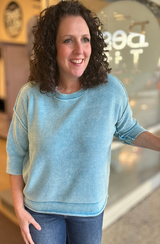 Washed 3/4 Sleeve Boxy Sweater