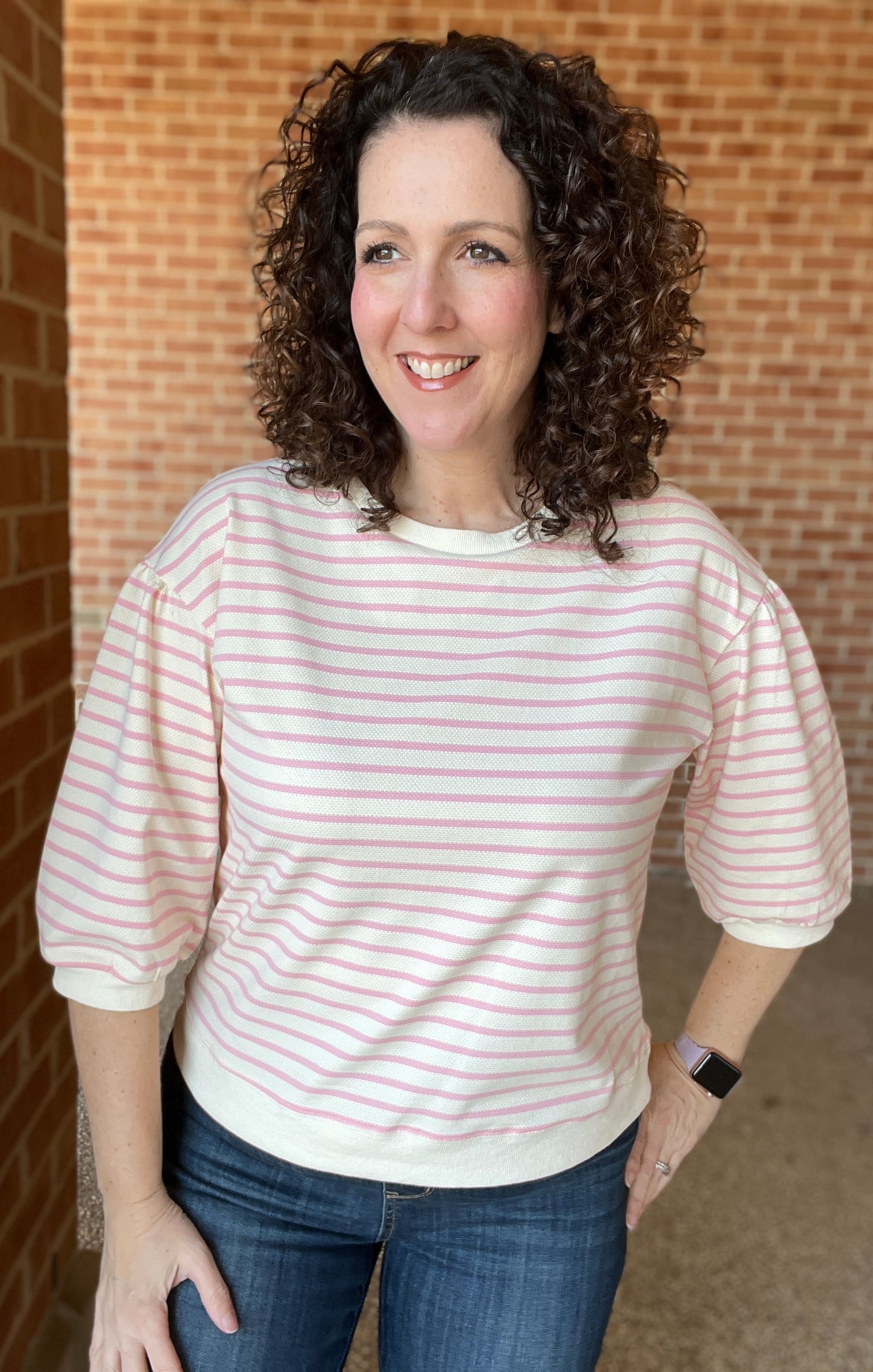 Striped 3/4 Puff Sleeve Top