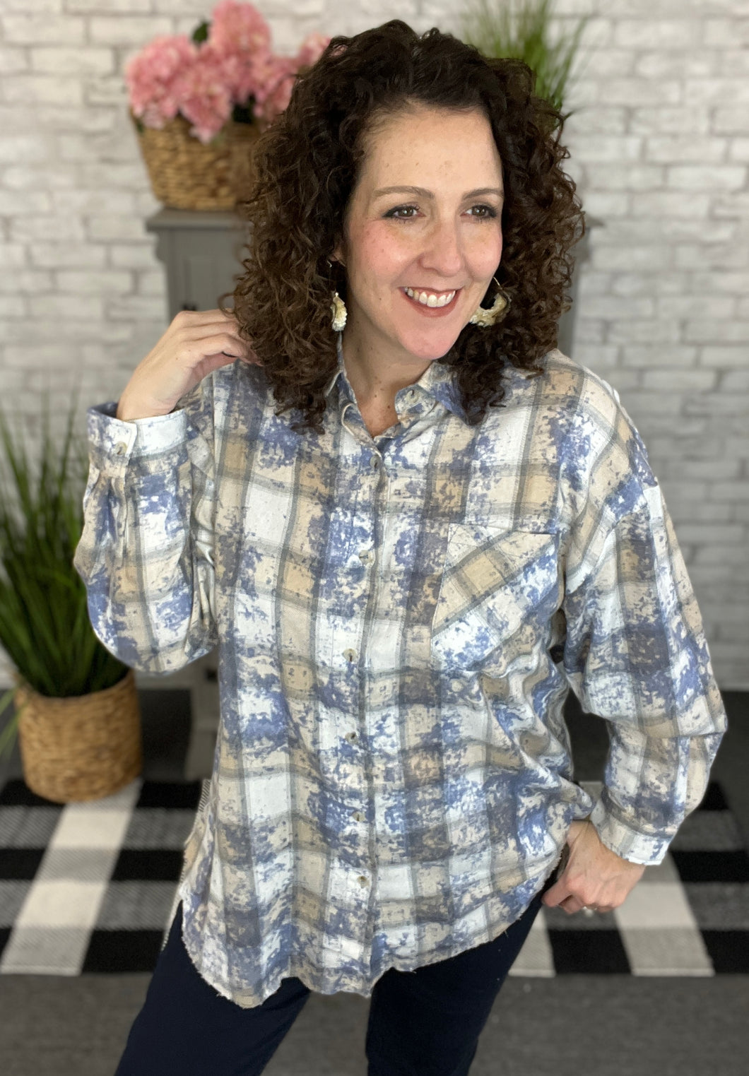 Frayed Bottom Washed Plaid Button Down