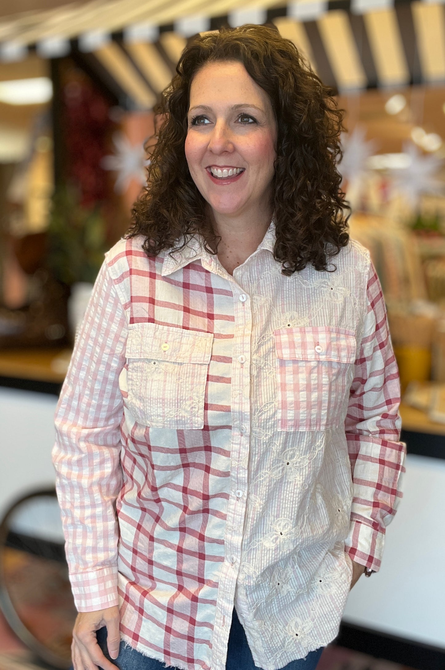 Mixed Plaid Star Patch Button Down Top