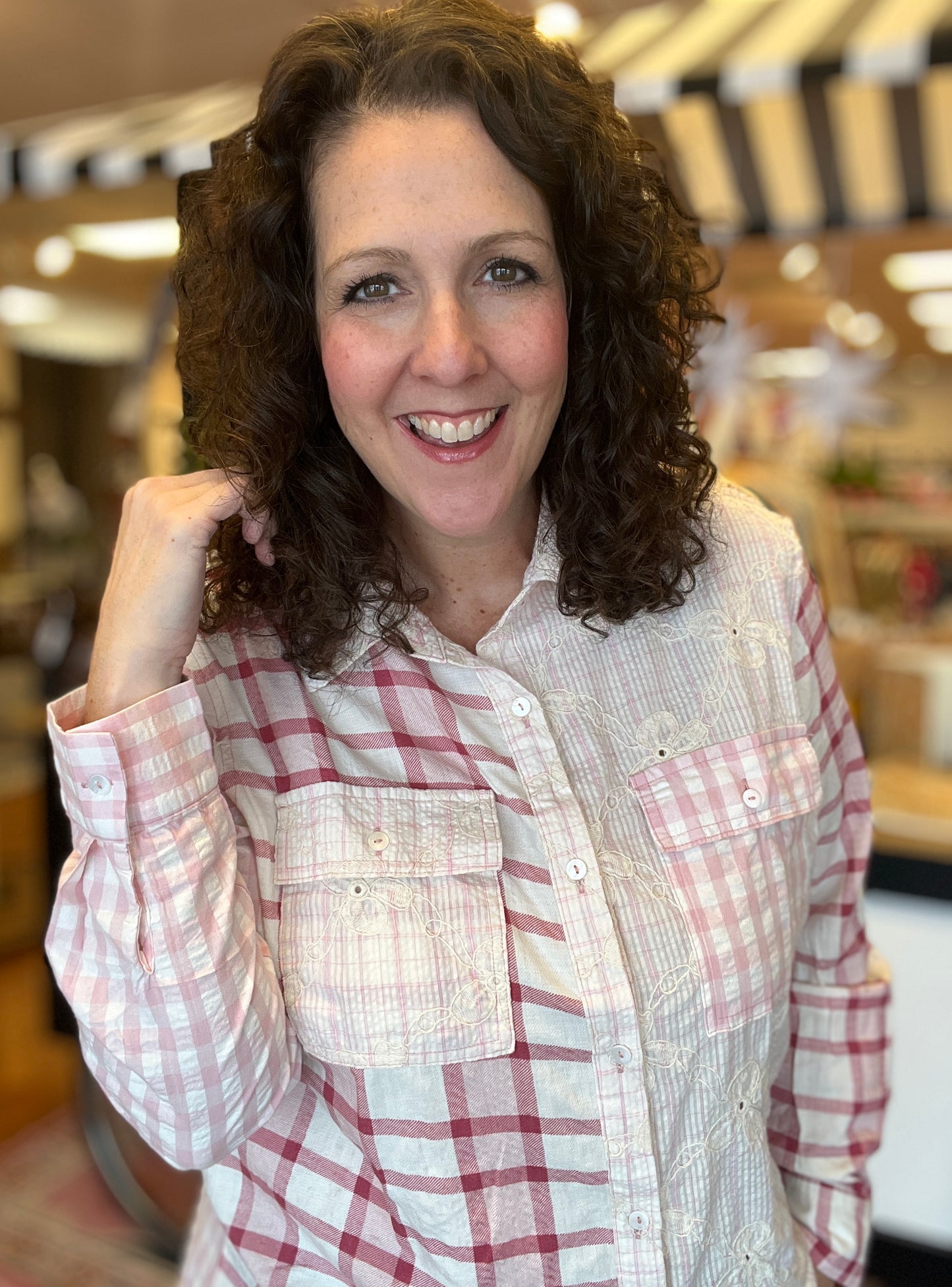 Mixed Plaid Star Patch Button Down Top