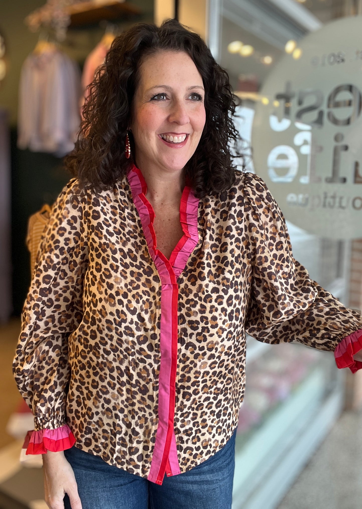 Leopard Blouse with Ruffle Trim