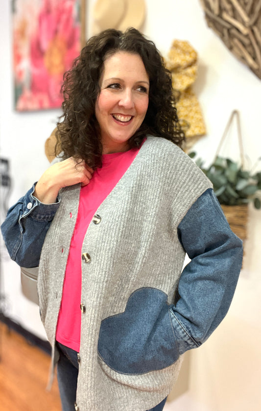 Cardigan with Denim Sleeves and Heart Pockets