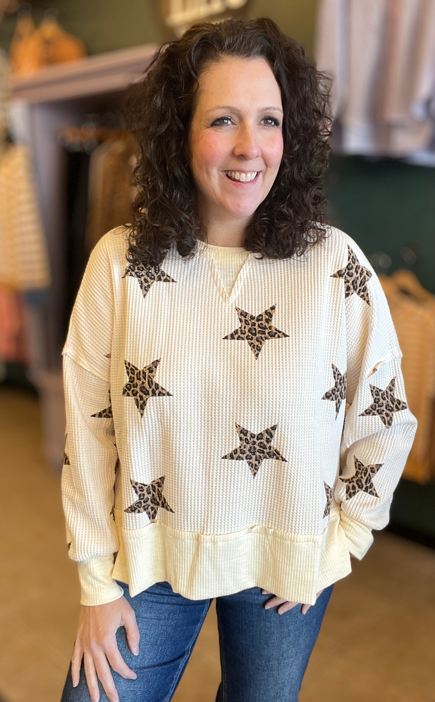 Leopard Star Waffle Knit Pullover