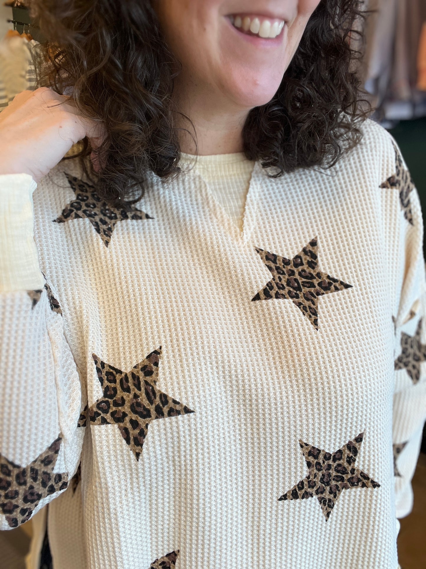 Leopard Star Waffle Knit Pullover