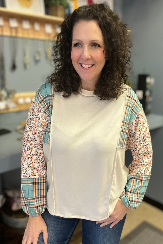 Floral and Plaid Sleeve Top