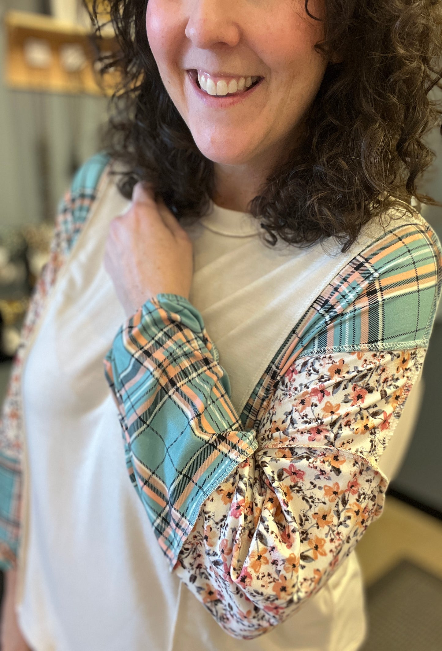 Floral and Plaid Sleeve Top