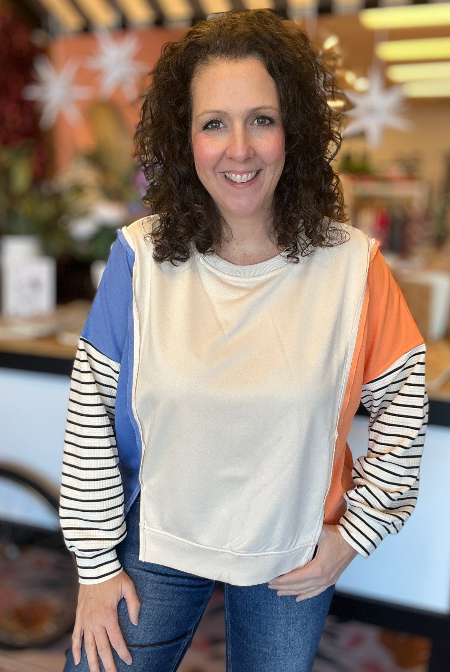 French Terry Pullover with Striped Sleeves