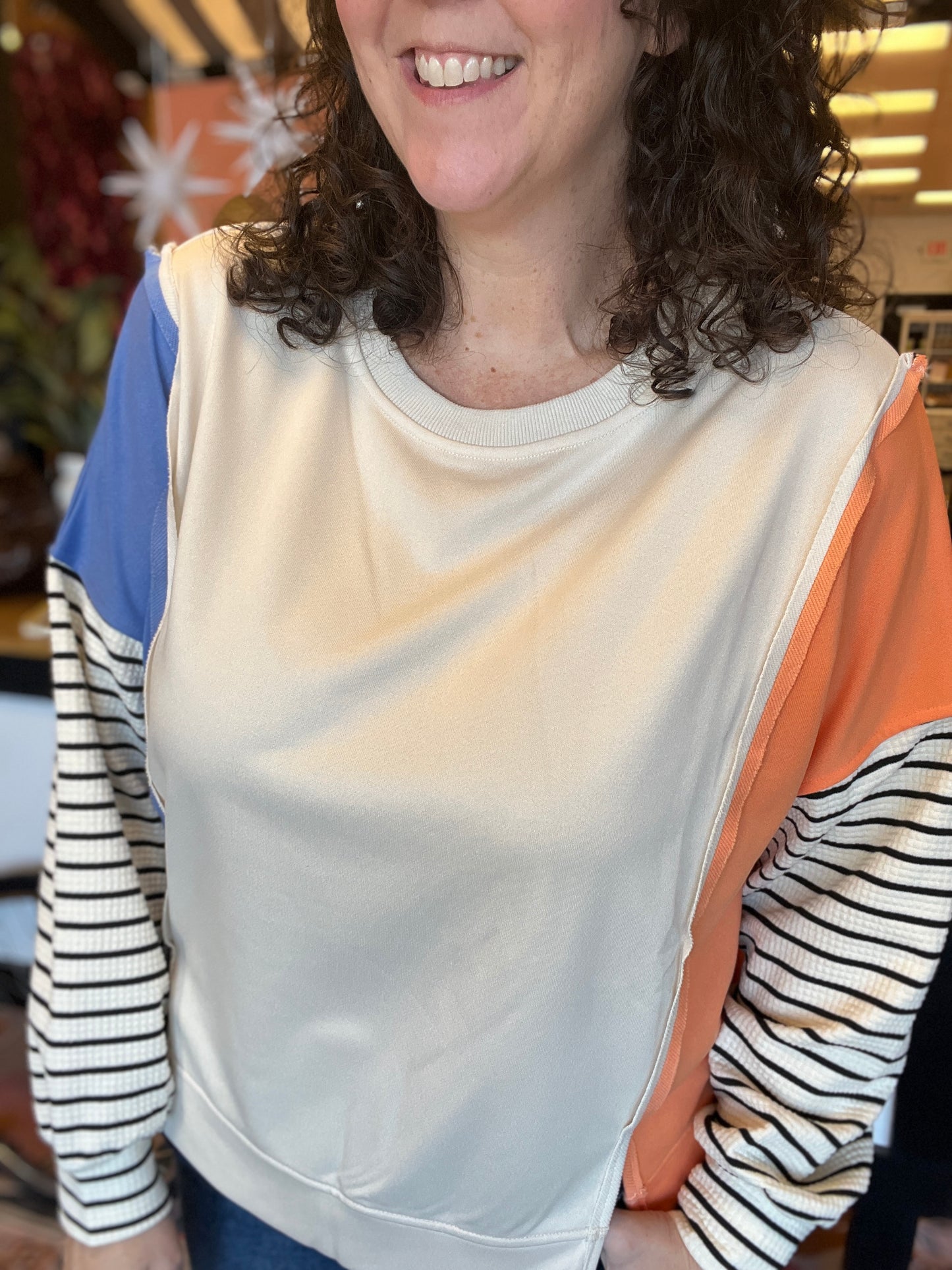 French Terry Pullover with Striped Sleeves