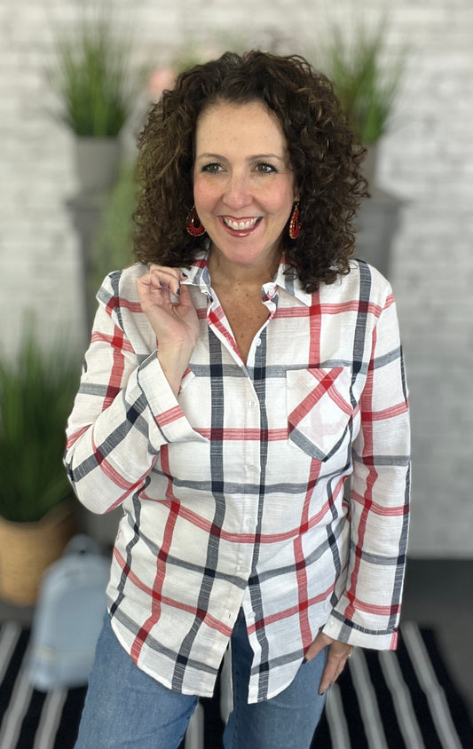 White and Red Plaid Button Down