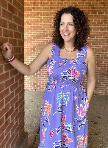 Smocked Top Floral Dress with Pockets