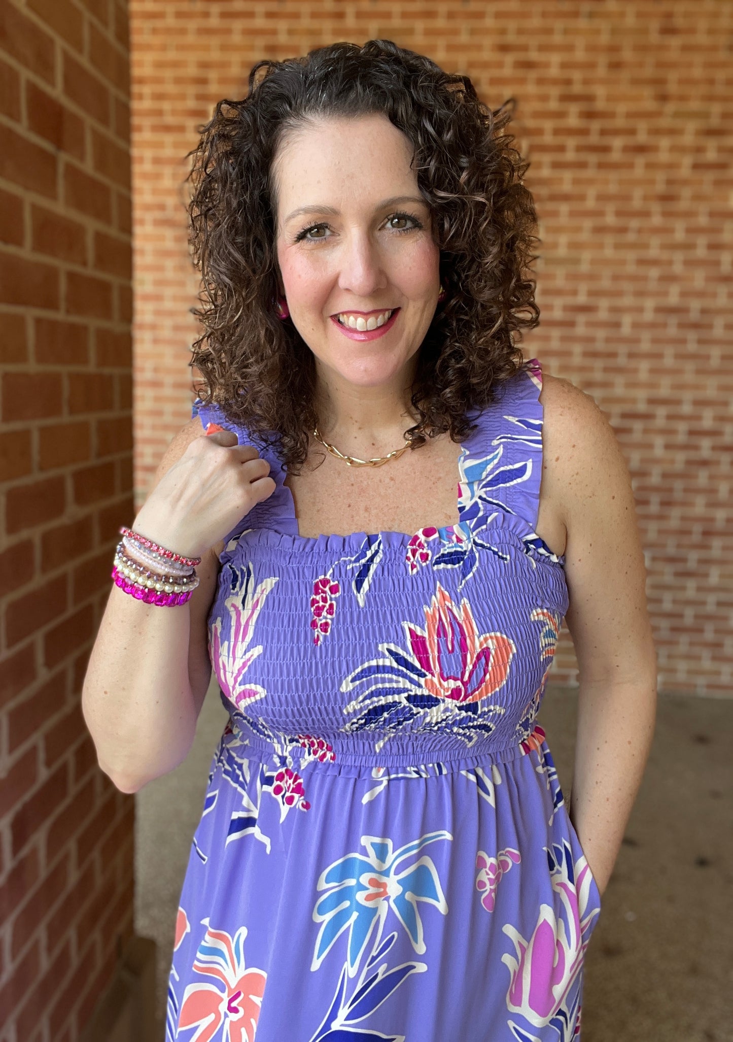 Smocked Top Floral Dress with Pockets