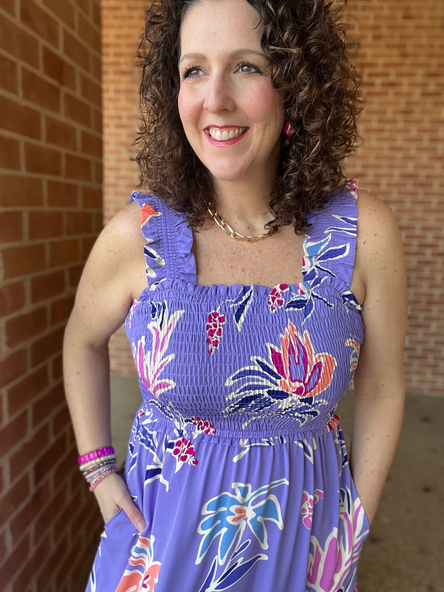 Smocked Top Floral Dress with Pockets