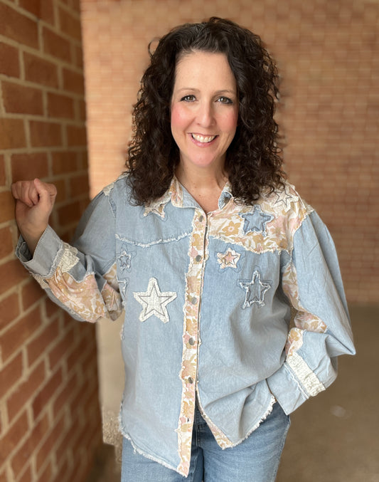 Denim and Star Patch Button Down Top