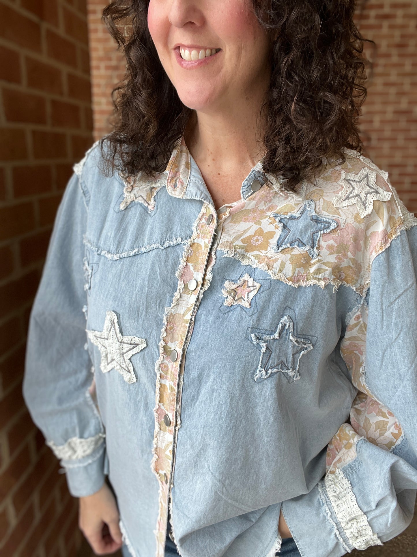Denim and Star Patch Button Down Top