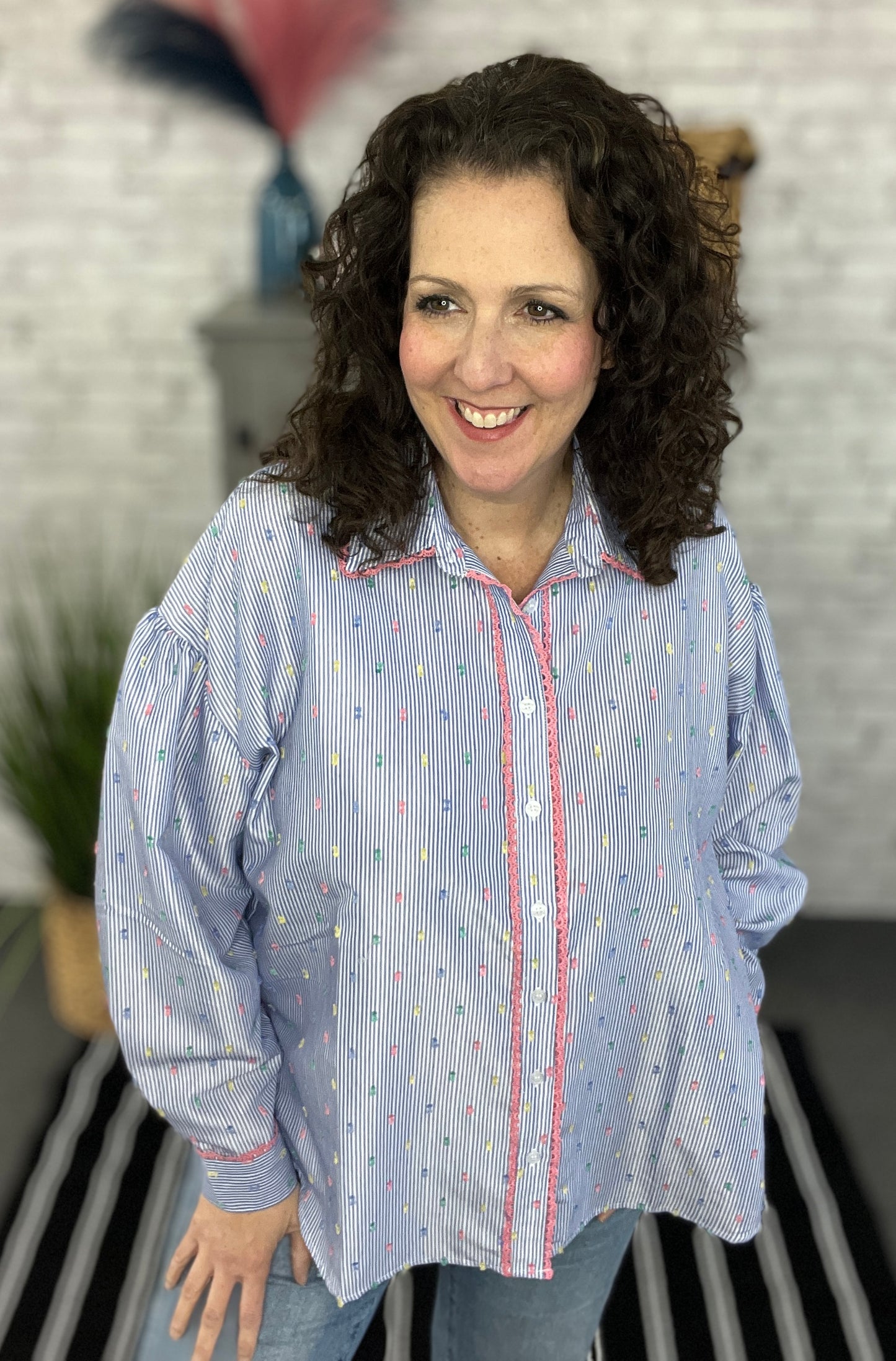 Mini Pom Dot Button Down Blouse