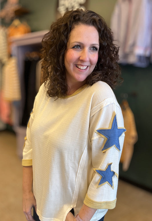 Textured Top with Star Patched Sleeves