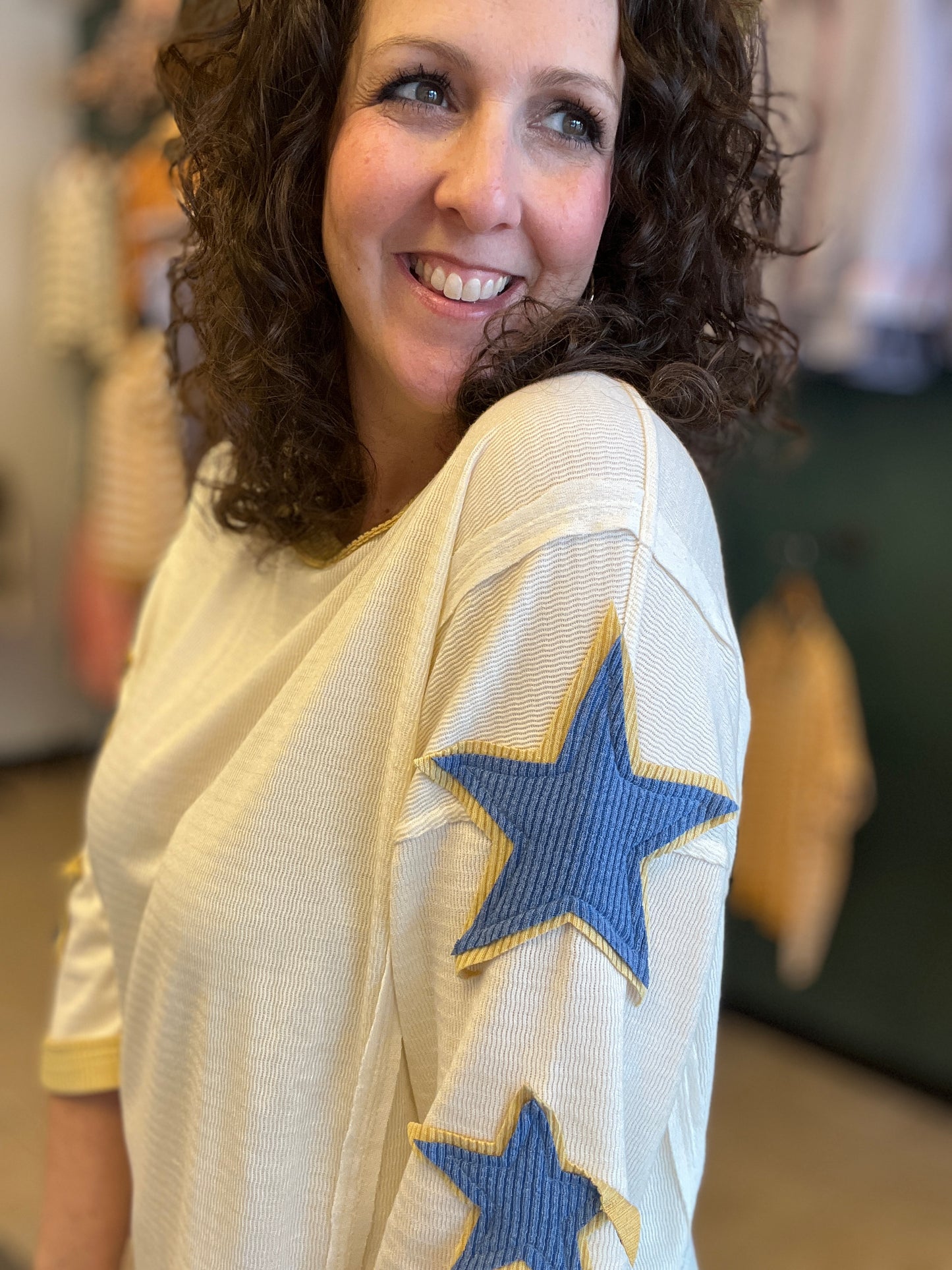 Textured Top with Star Patched Sleeves