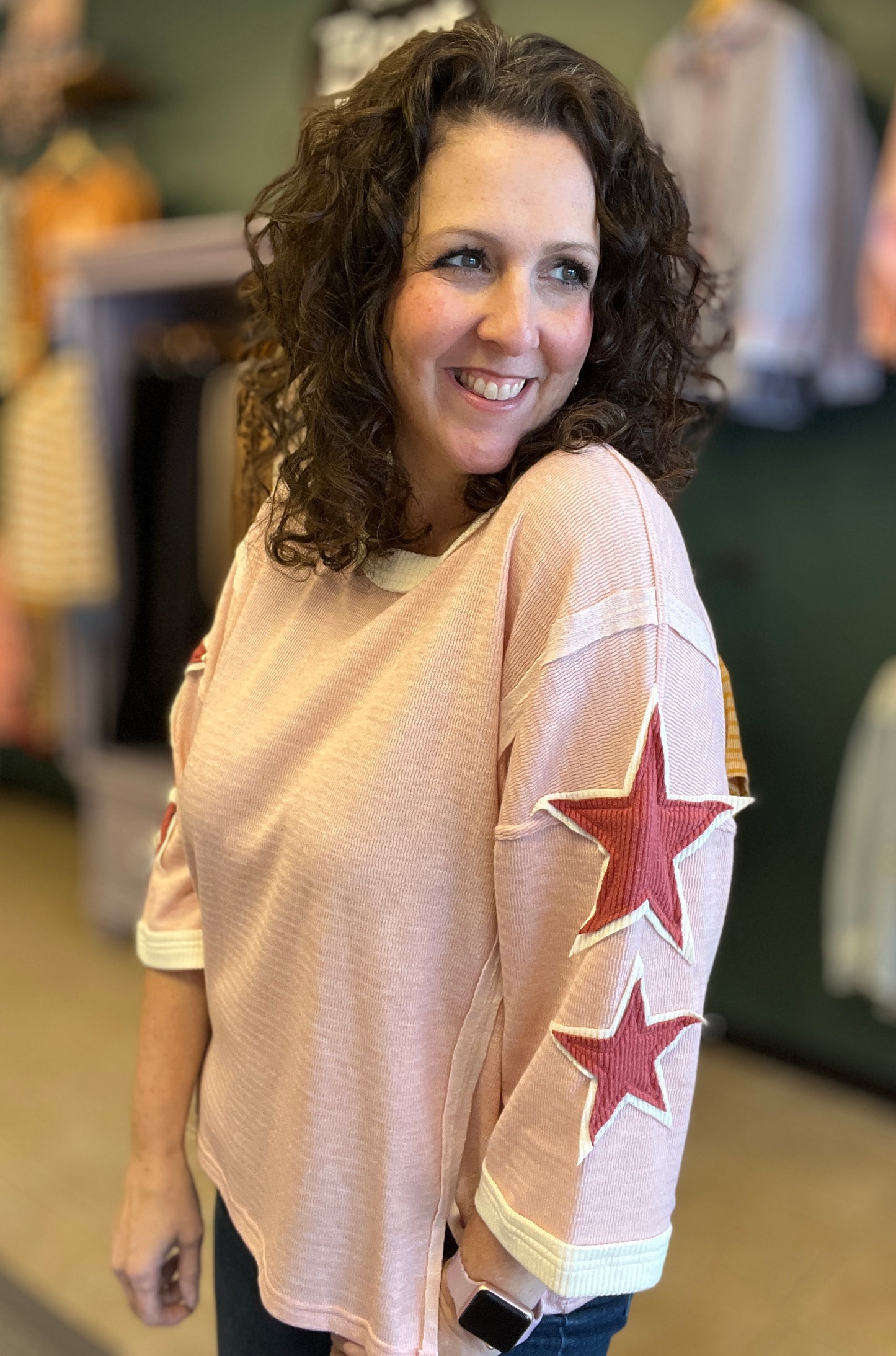 Textured Top with Star Patched Sleeves