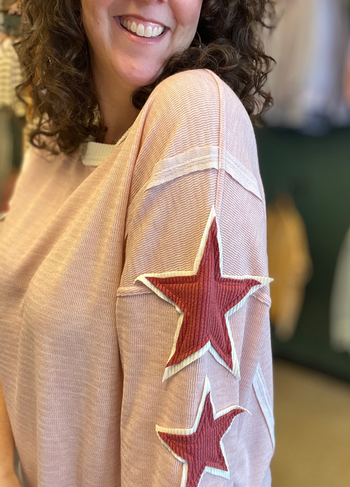 Textured Top with Star Patched Sleeves