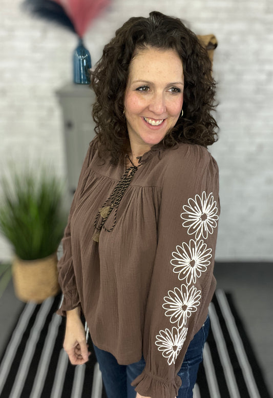 Cotton Top with Embroidered Flower Sleeves