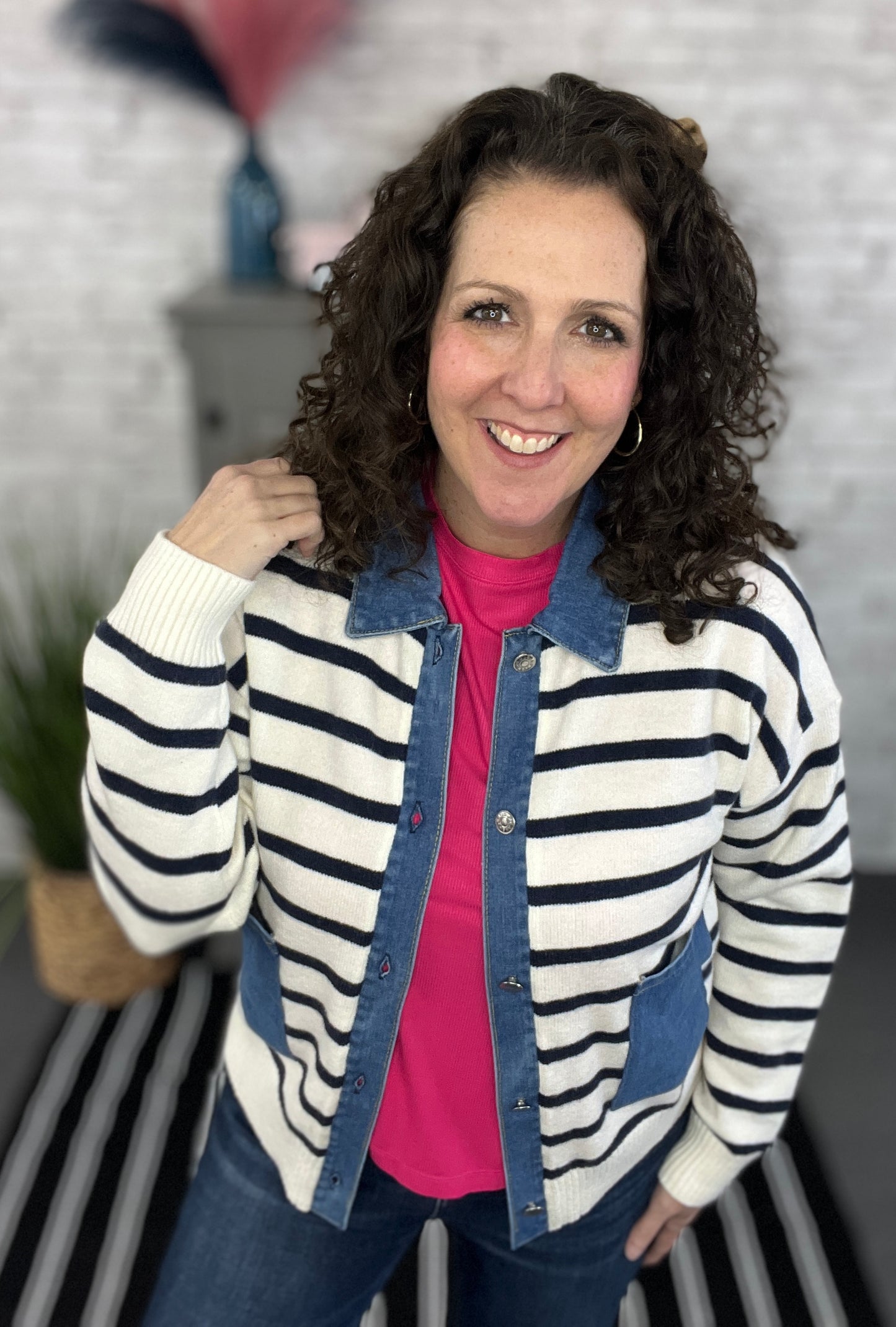 Striped Cardigan with Denim Trim