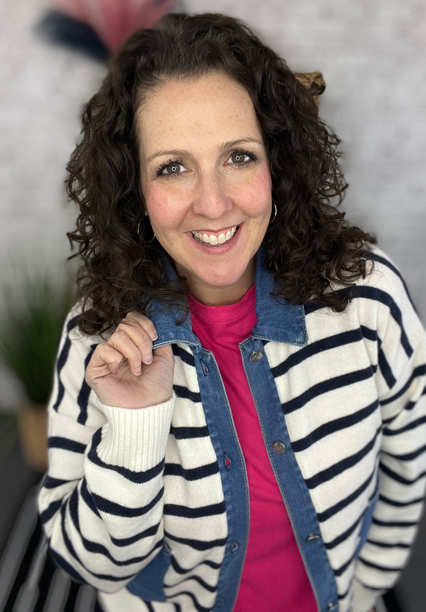 Striped Cardigan with Denim Trim