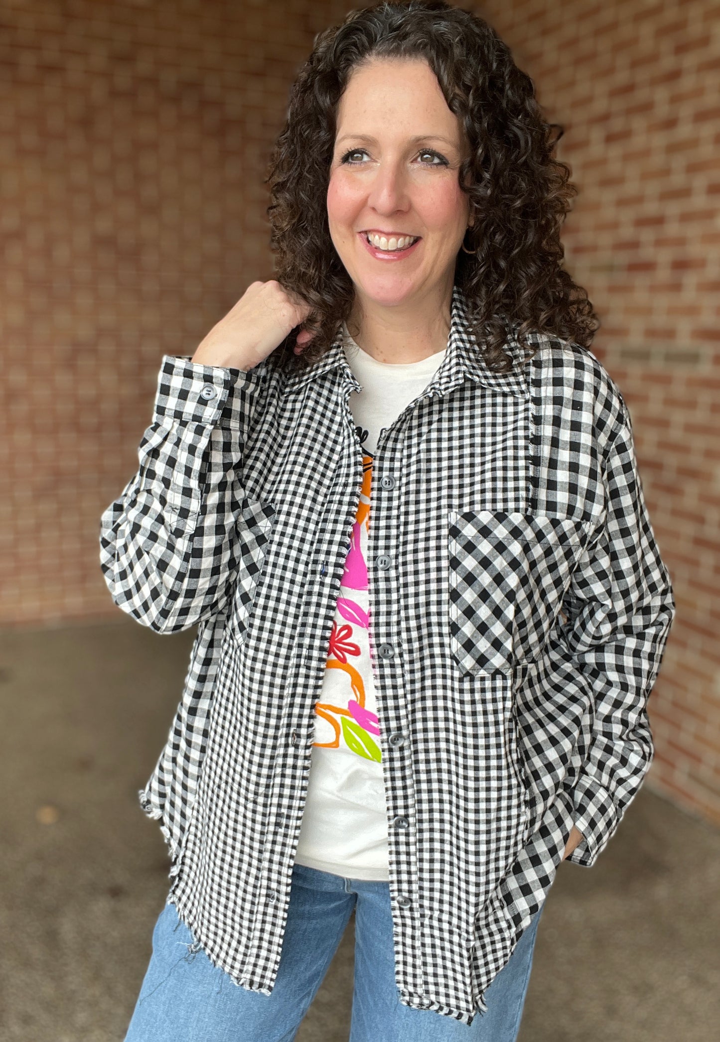 Mixed Check Button Down Blouse