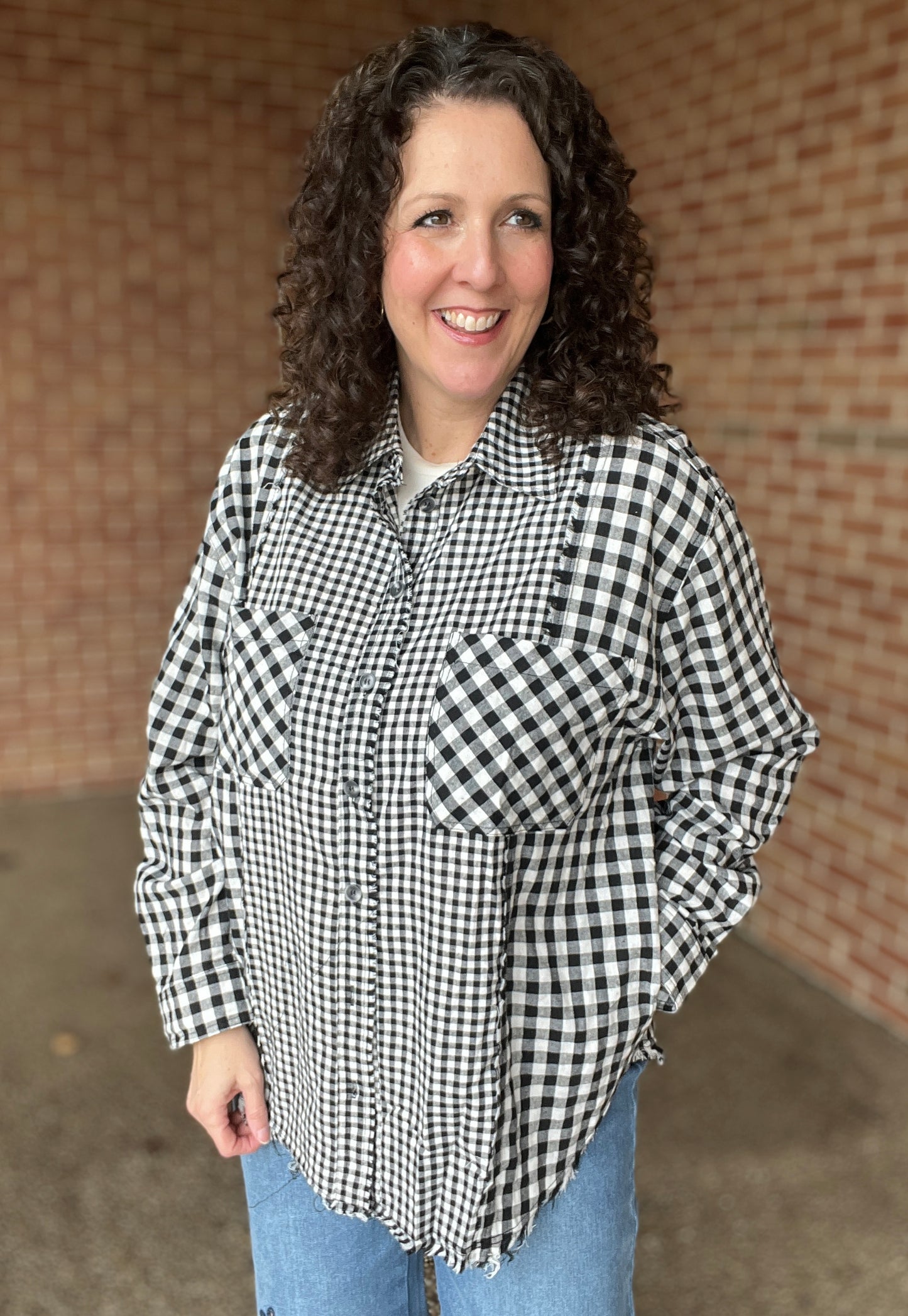Mixed Check Button Down Blouse