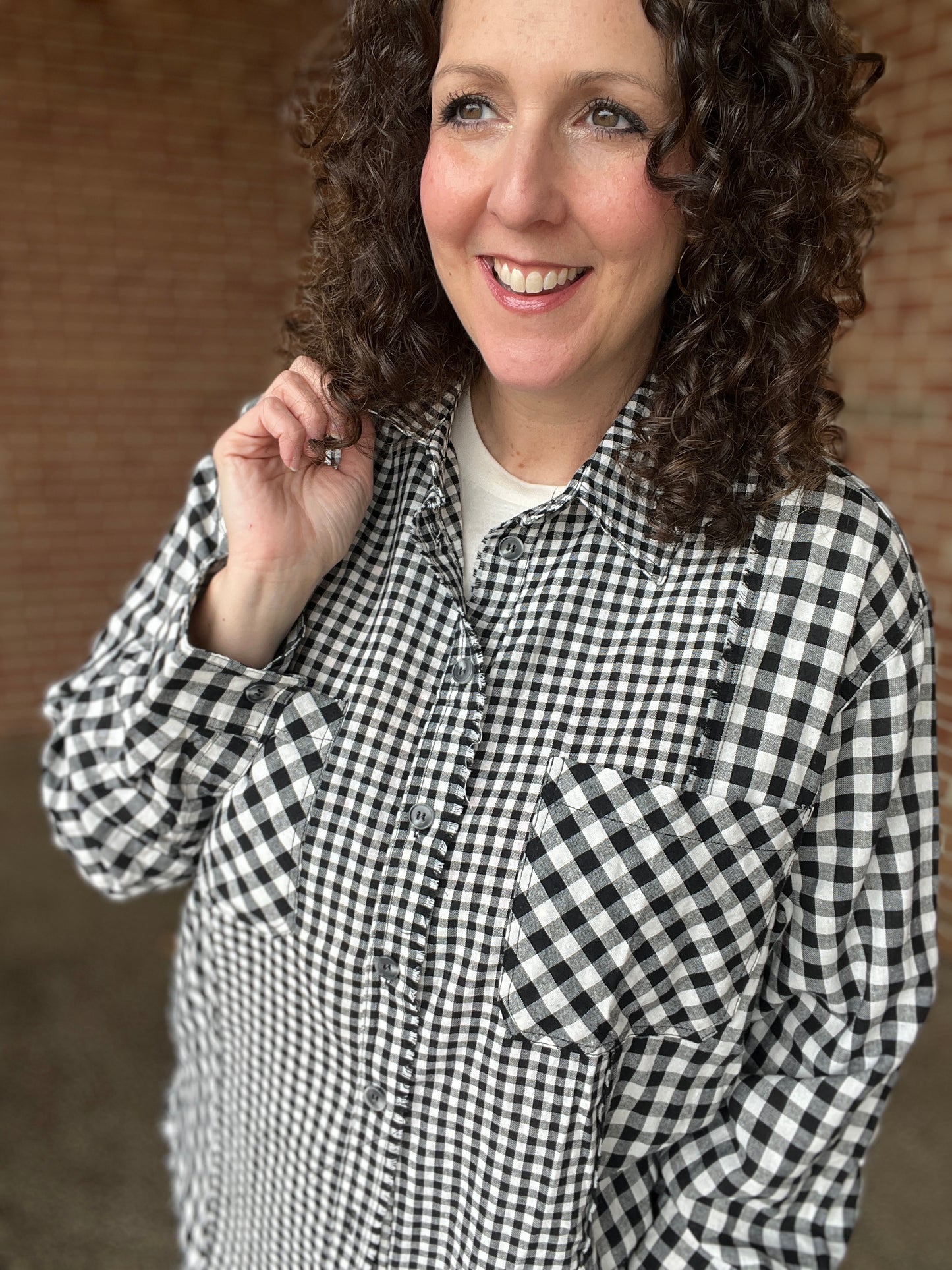 Mixed Check Button Down Blouse