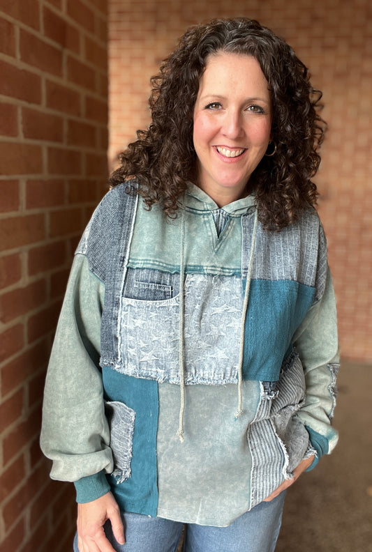 Patched Mixed Denim Hoodie