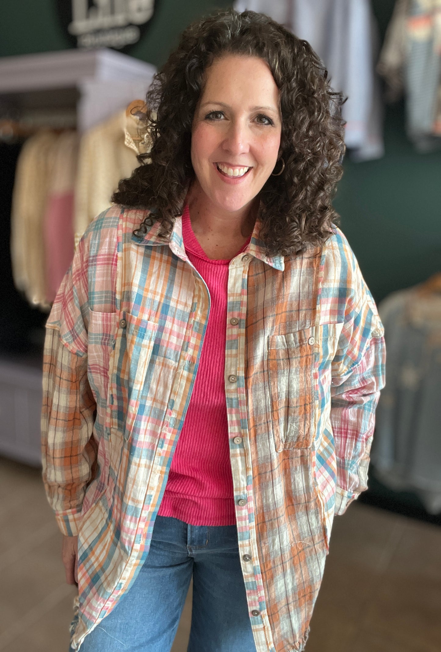 Mixed Plaid Frayed Edge Button Down