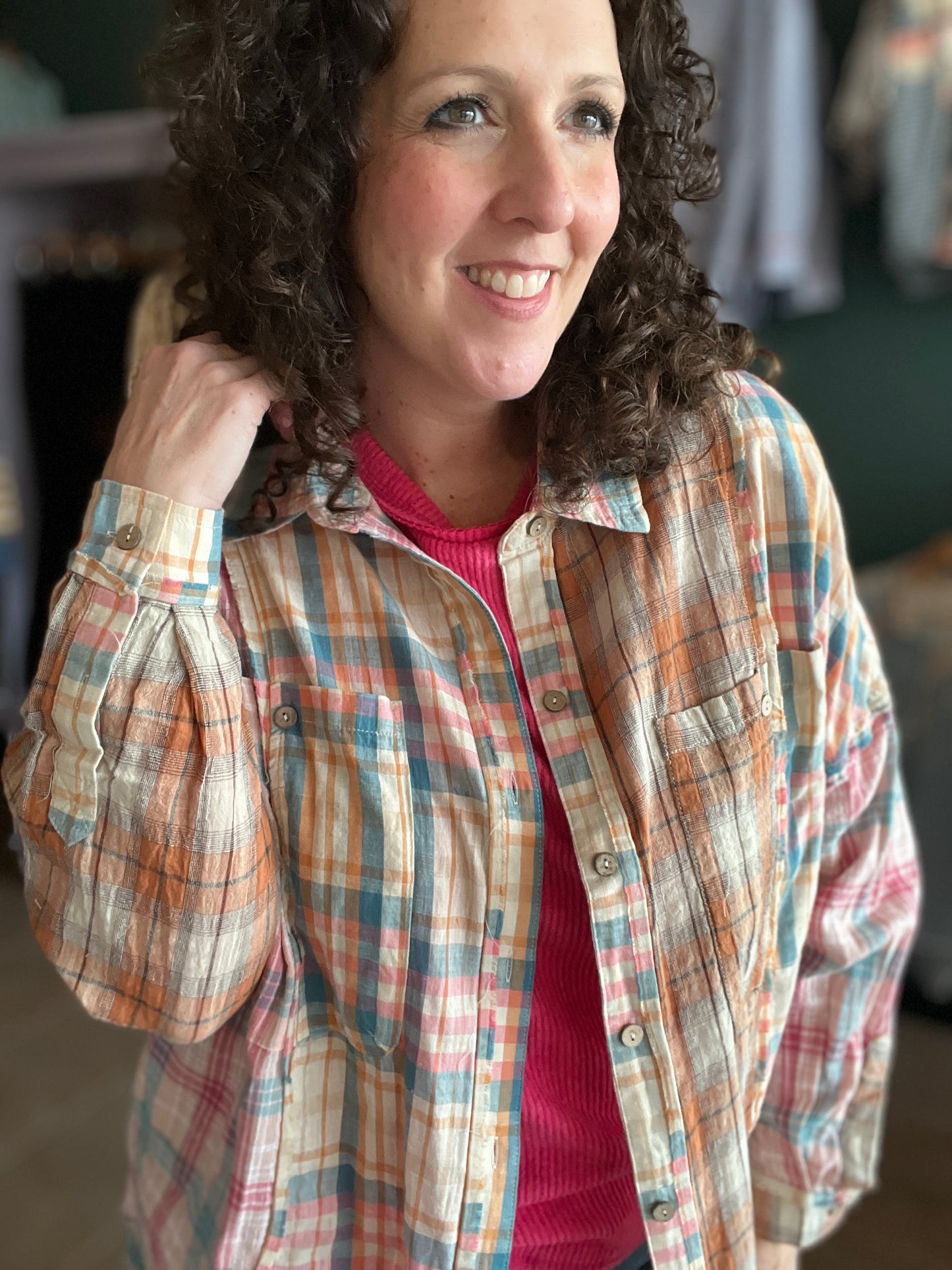 Mixed Plaid Frayed Edge Button Down