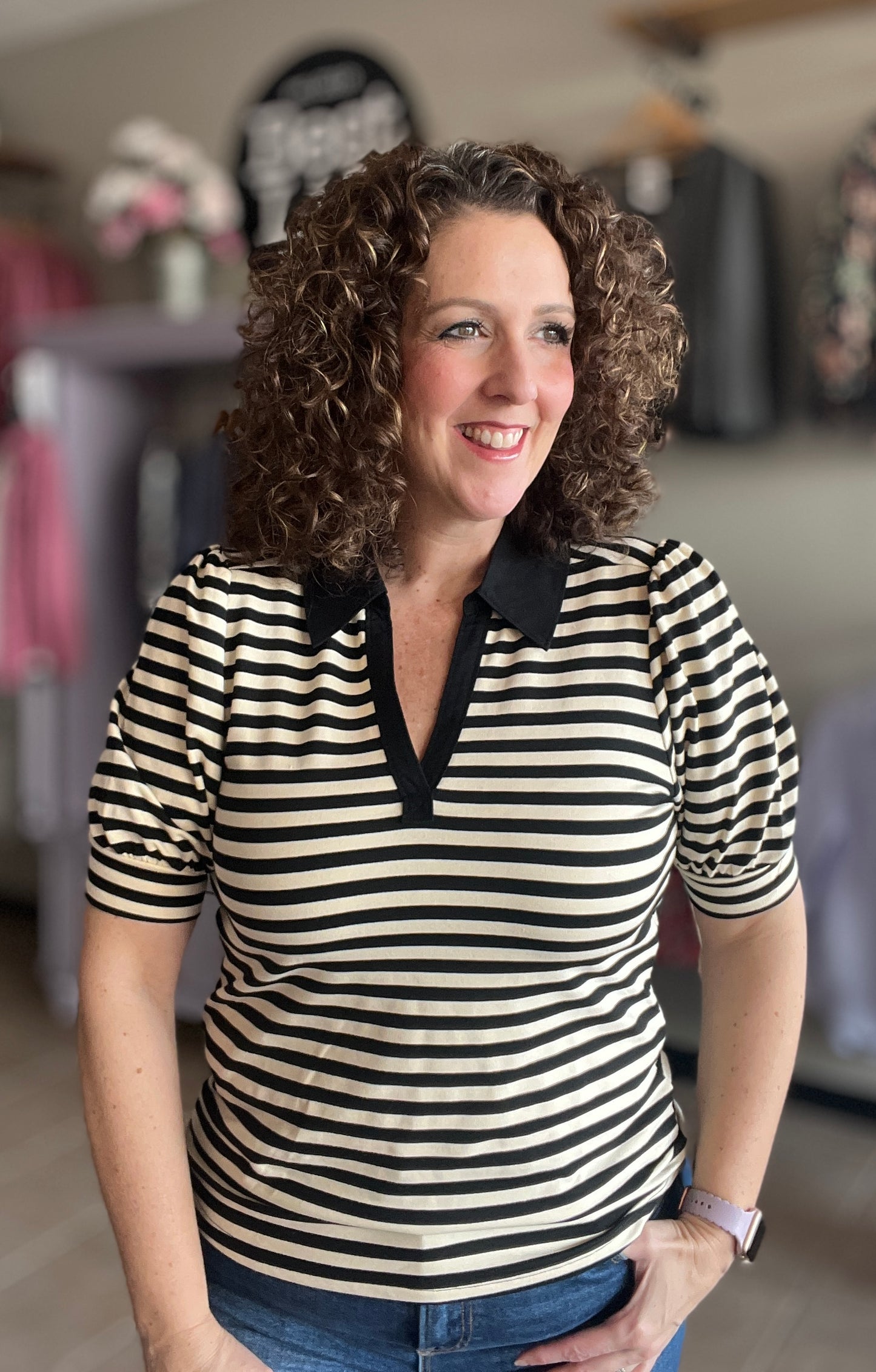 Striped V Neck Top with Collar