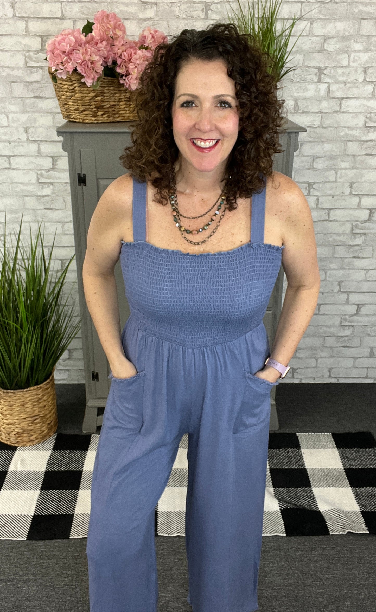 Linen Smocked Jumpsuit with Pockets