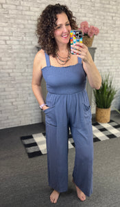 Linen Smocked Jumpsuit with Pockets
